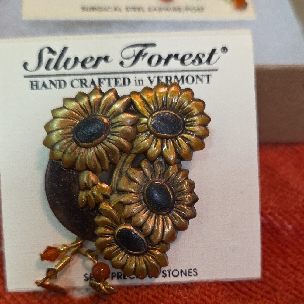 Silver Forest Floral Brouch with Gold and Black Accents